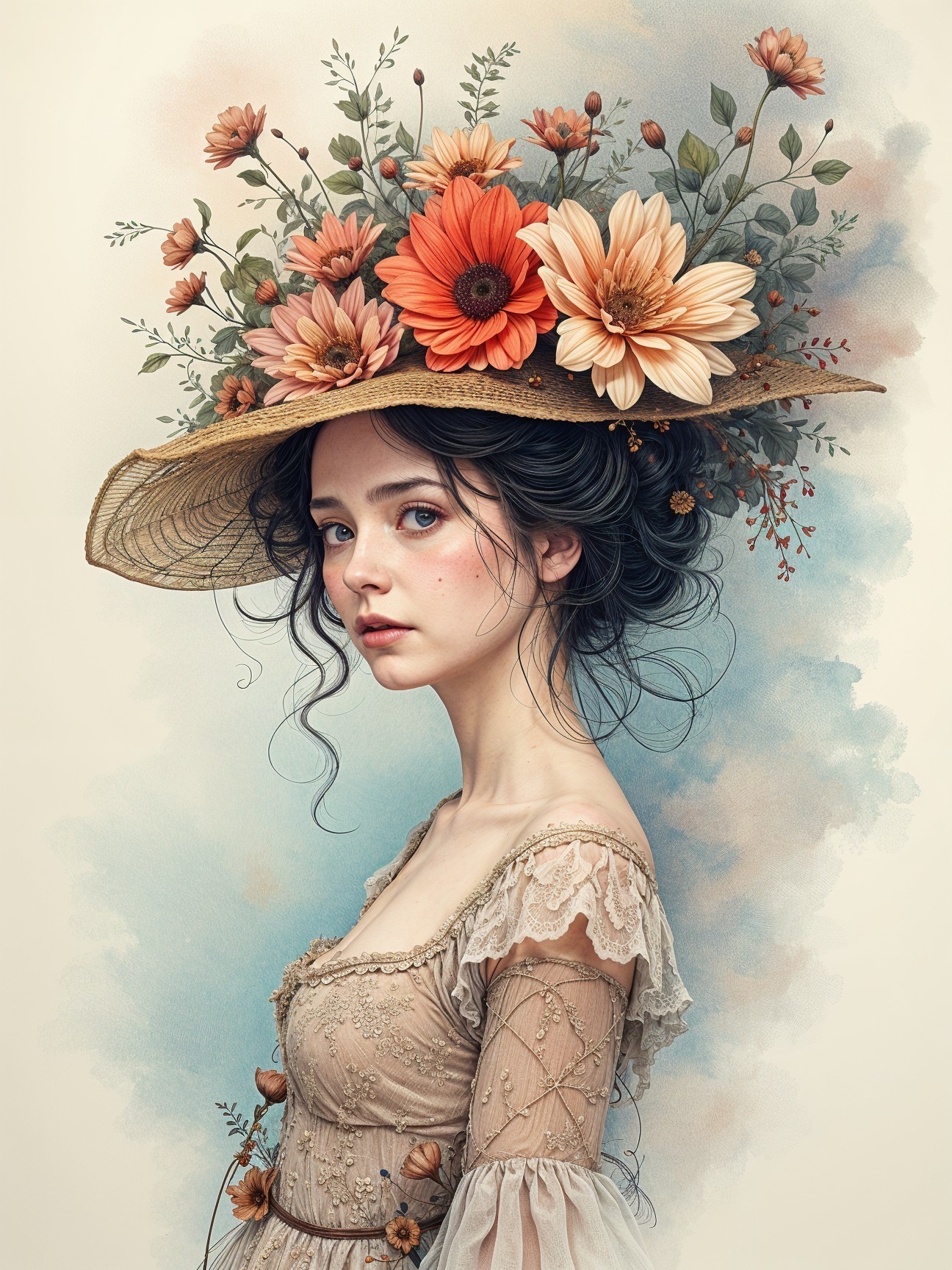 Young woman in vintage dress with decorative hat