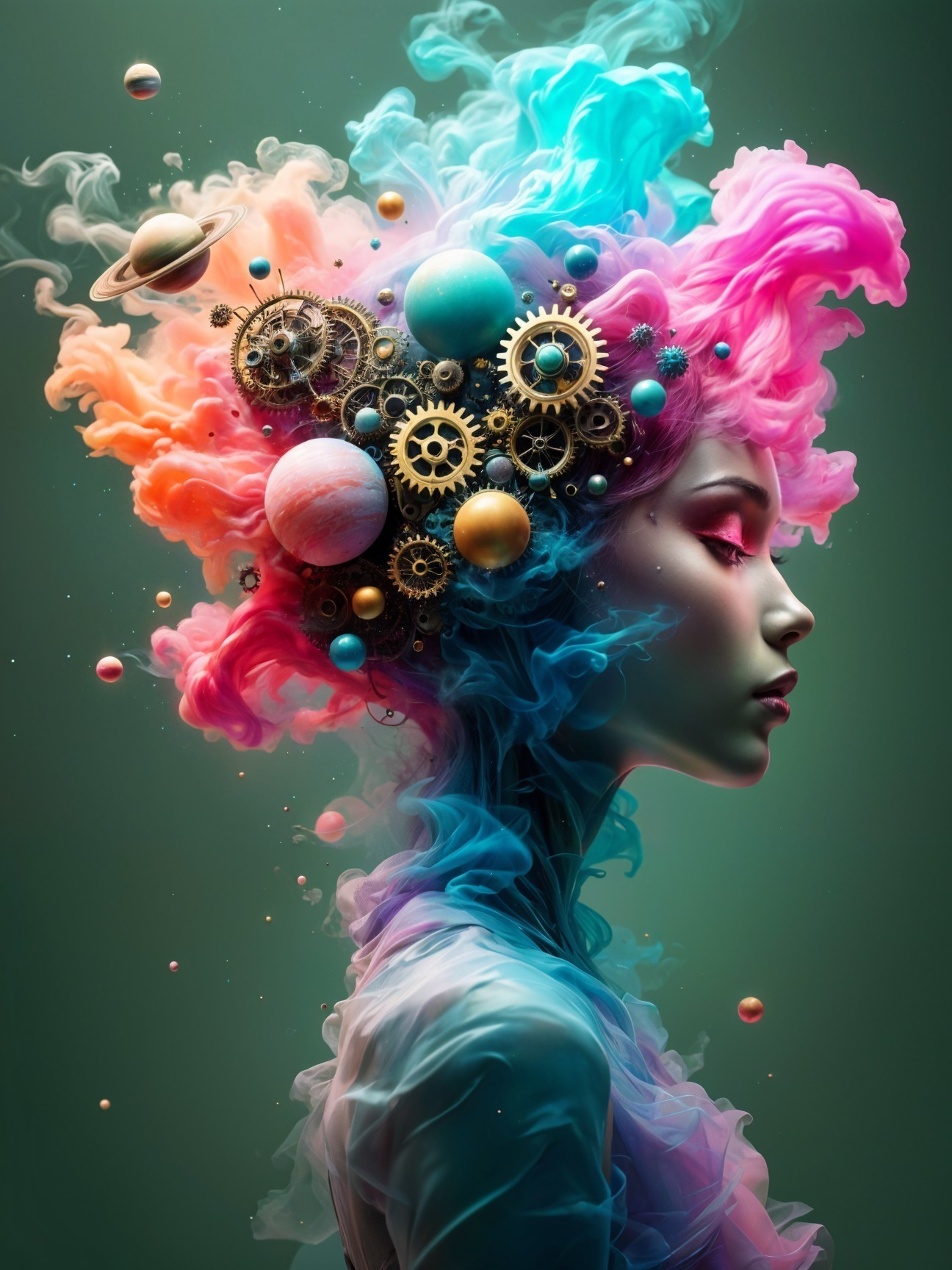 Surreal Portrait of Young Woman with Cosmic Elements