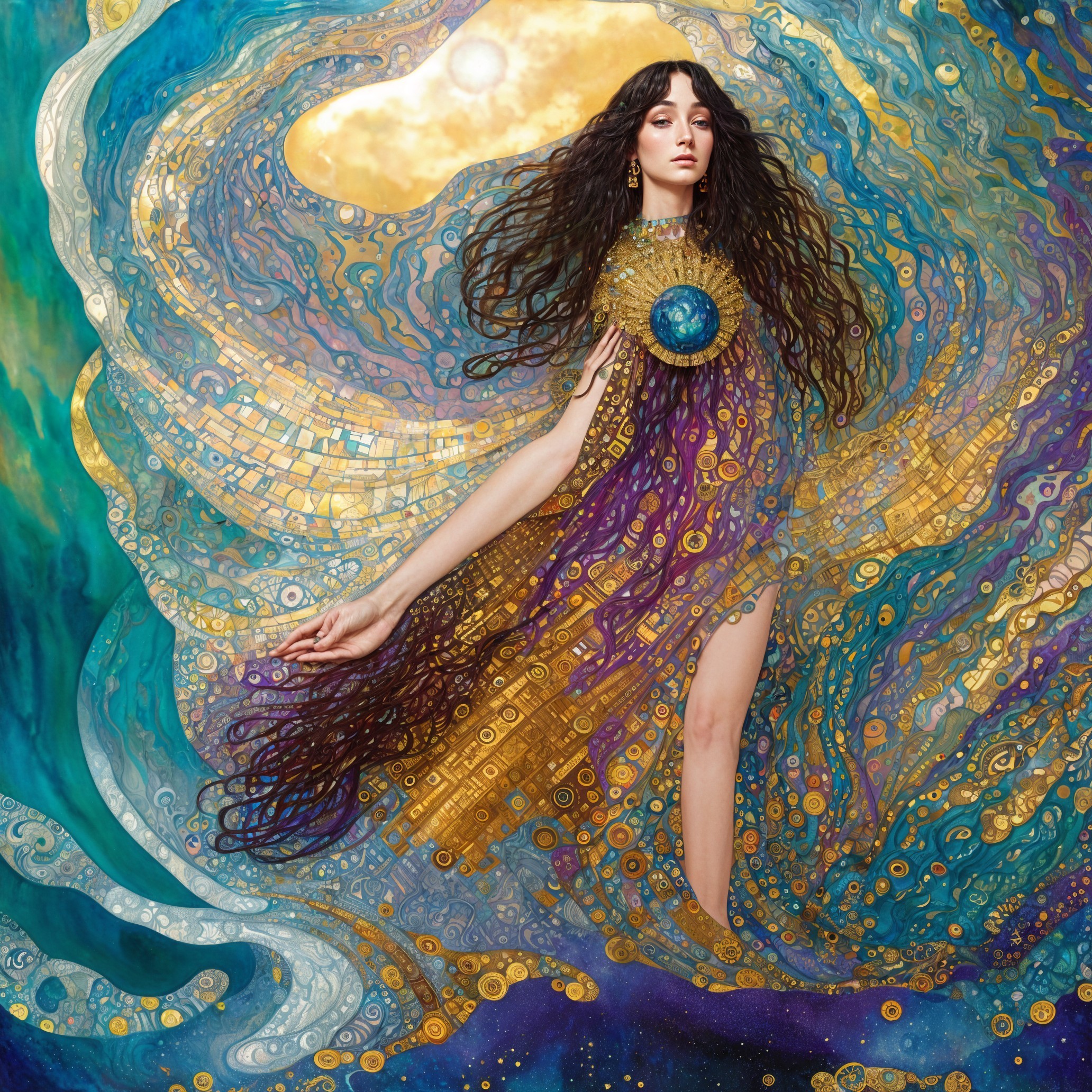 Mystical figure in shimmering gold and purple gown