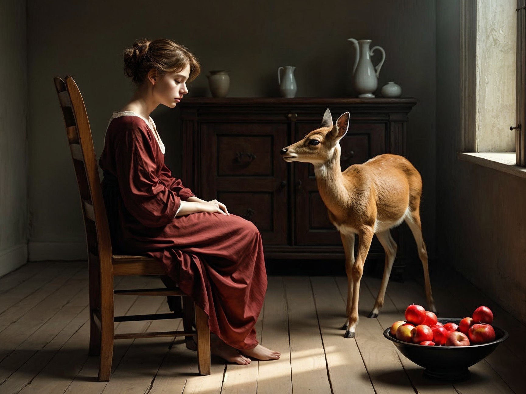 Young Woman in Red Dress with Deer in Serene Room