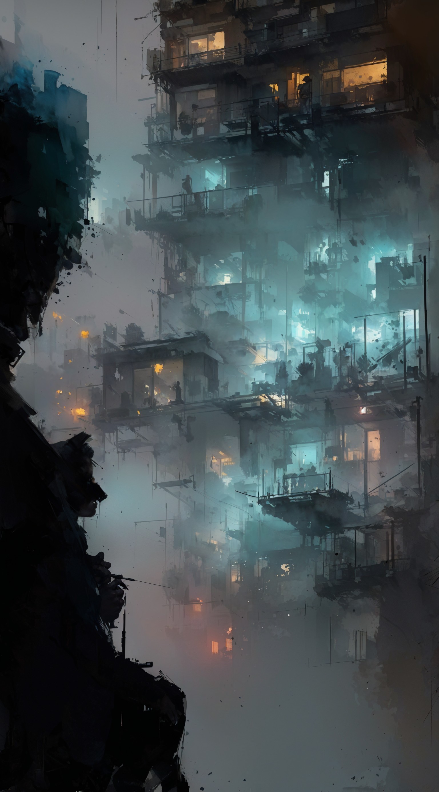 Futuristic cityscape with mist and glowing buildings