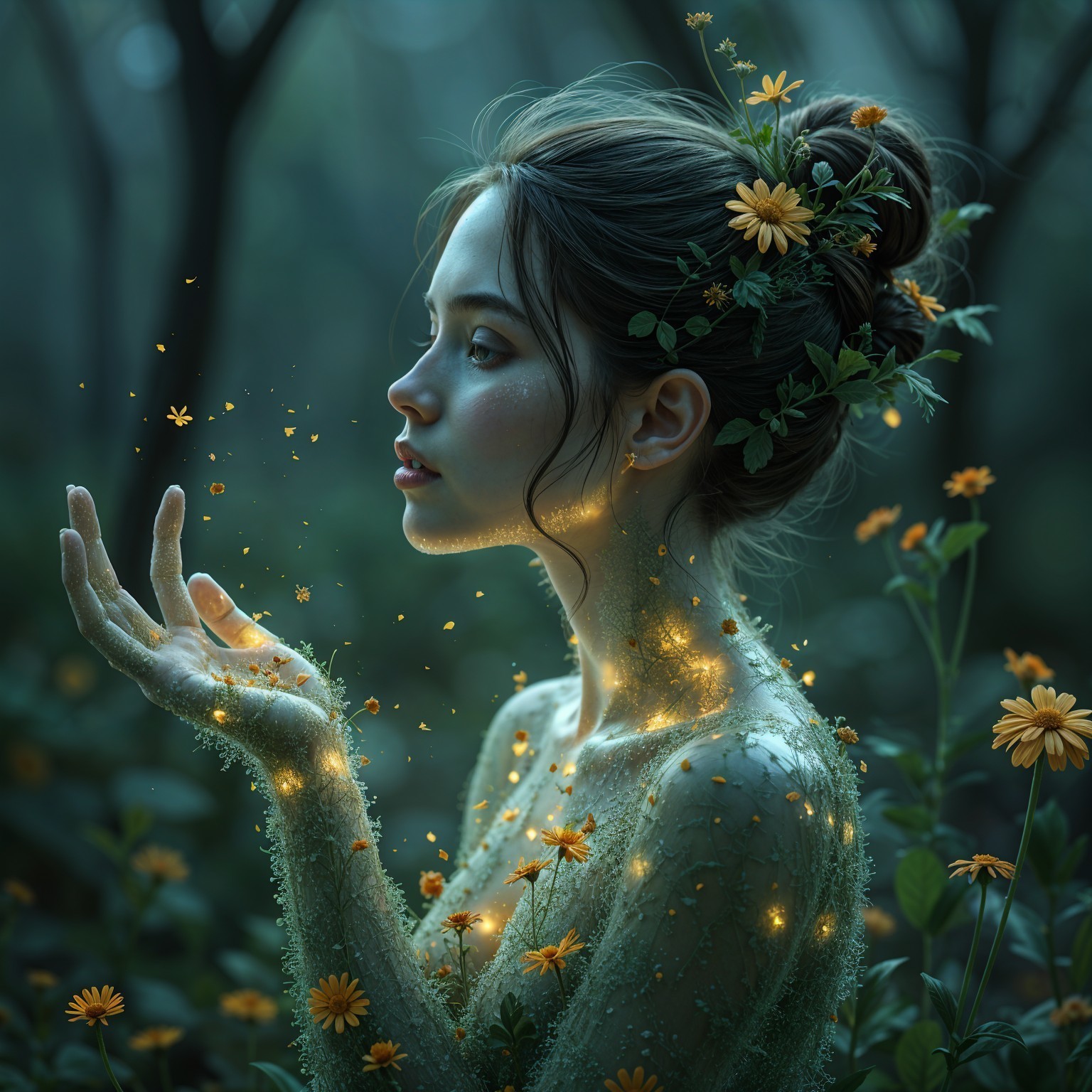 Serene woman in an ethereal forest with butterflies