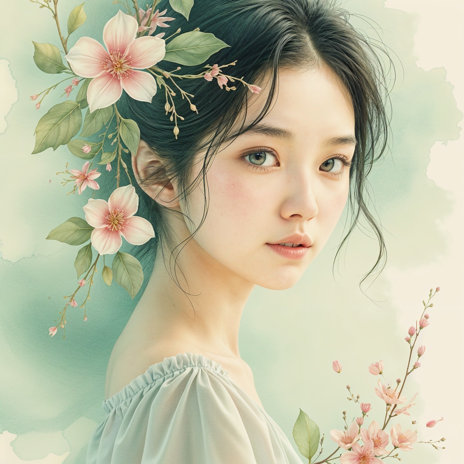 Serene Portrait of a Young Woman with Floral Accents
