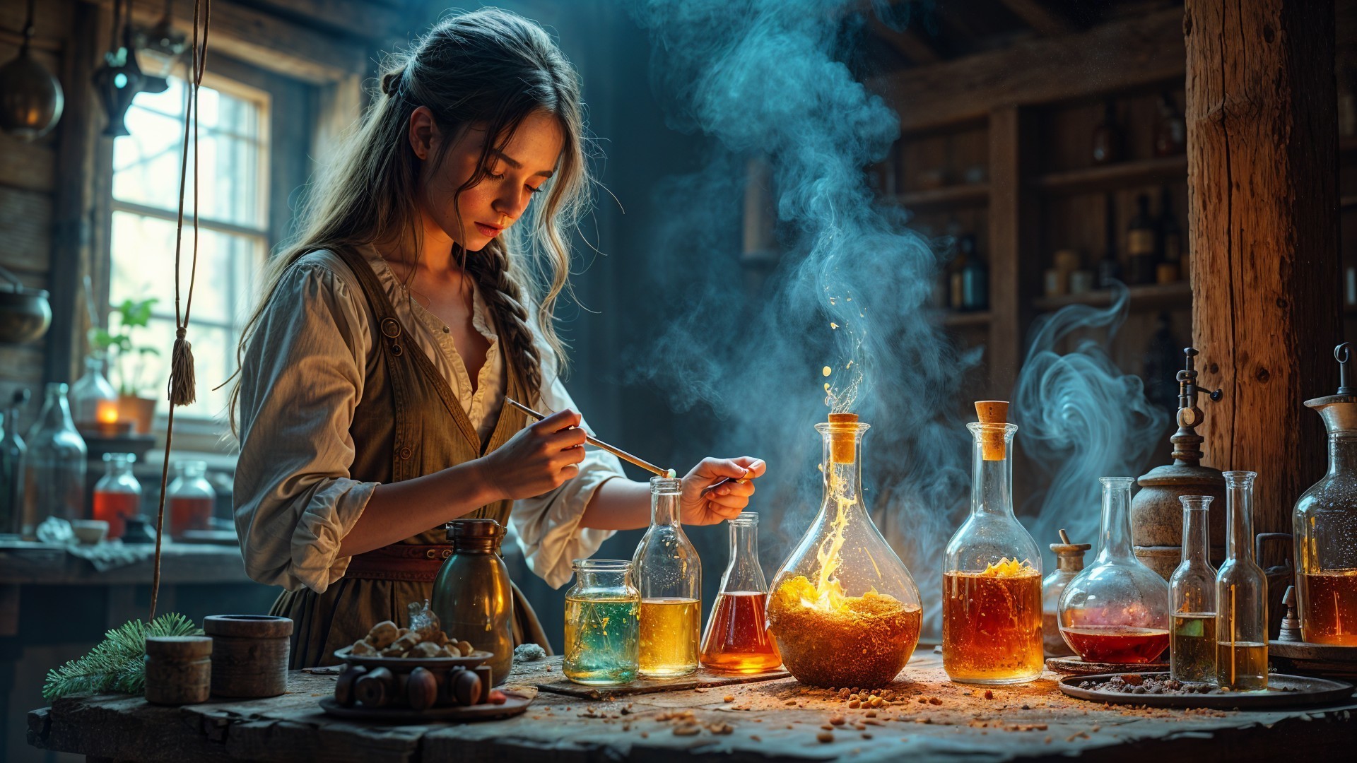 Young Woman Mixing Colorful Potions in Apothecary