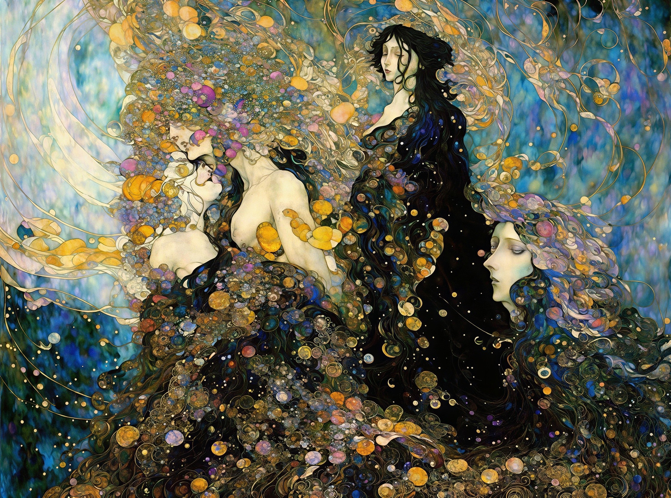 Ornate Art Nouveau Illustration of Women in Cosmic Setting