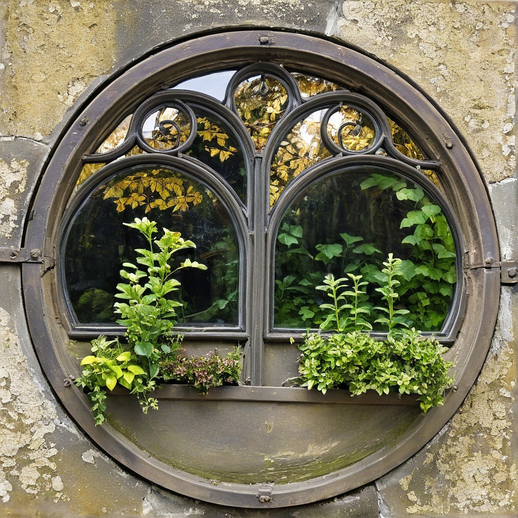 Ornate Round Window with Lush Greenery and Plants