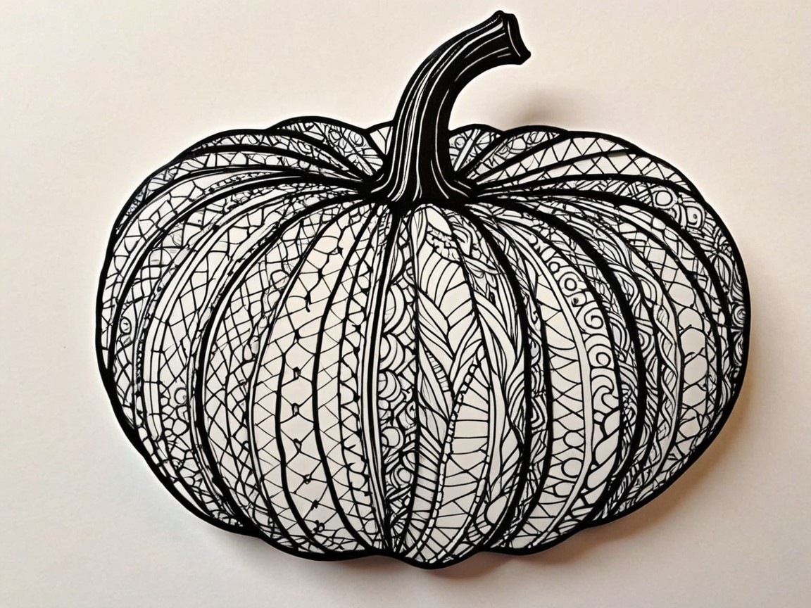 Intricate Black-and-White Pumpkin Illustration Details