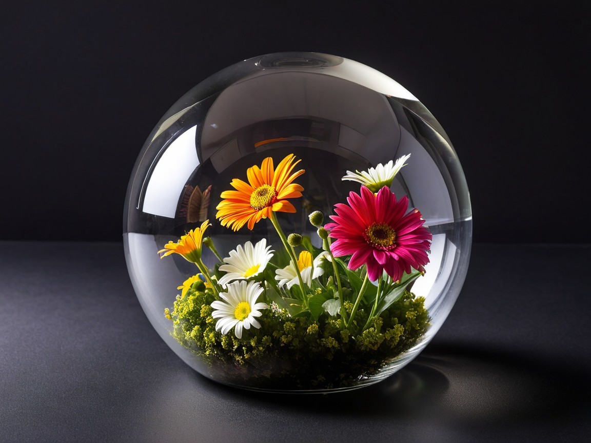 Vibrant Floral Arrangement in Clear Glass Sphere