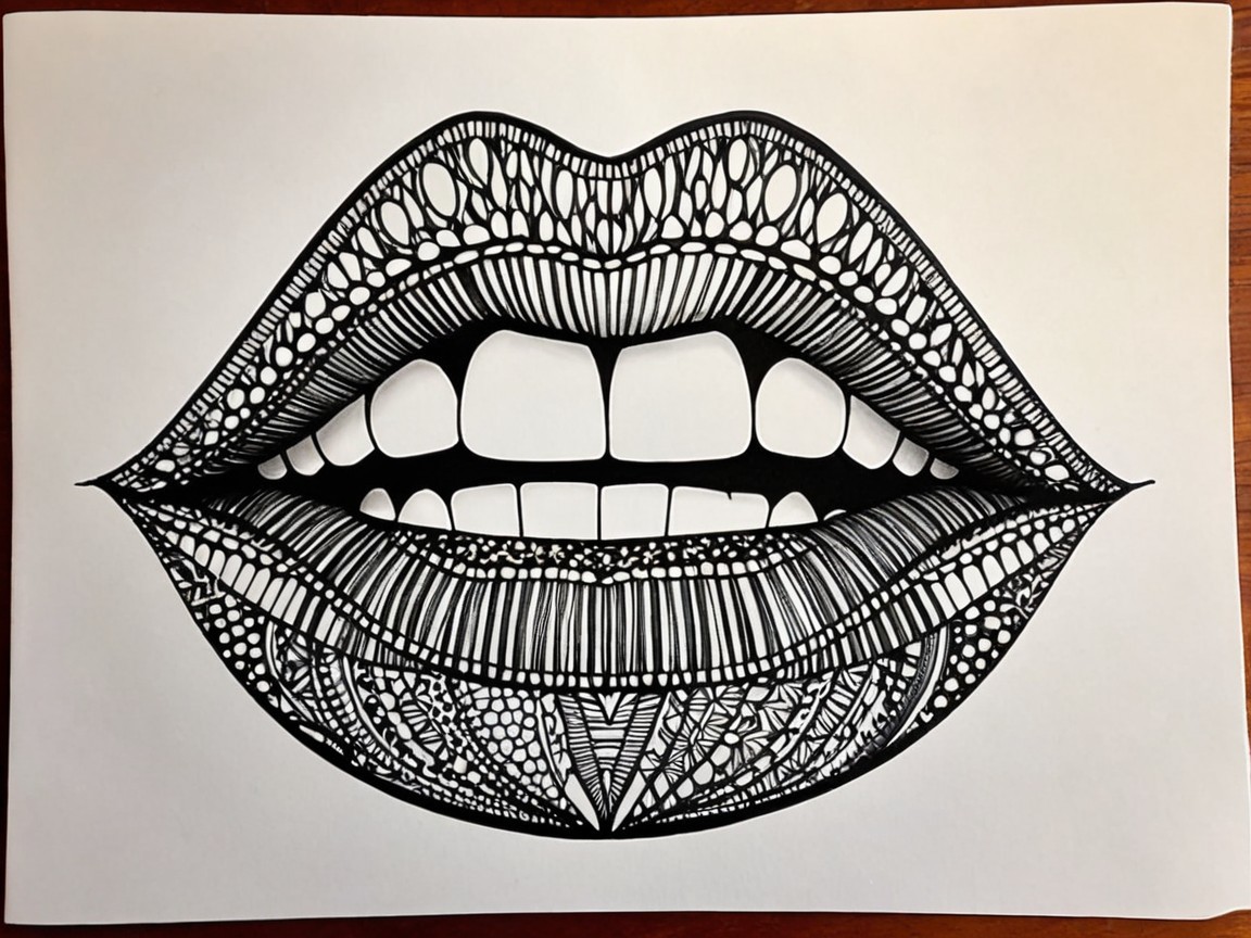 Intricate Black and White Illustration of Stylized Lips