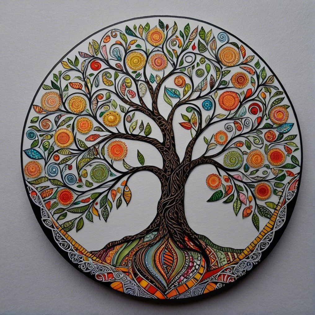 Stylized tree with intricate branches and vibrant leaves