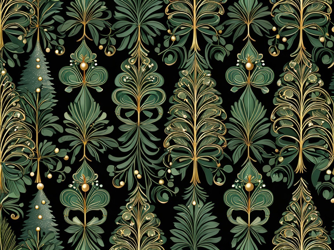 Stylized Trees and Foliage Pattern in Green and Gold