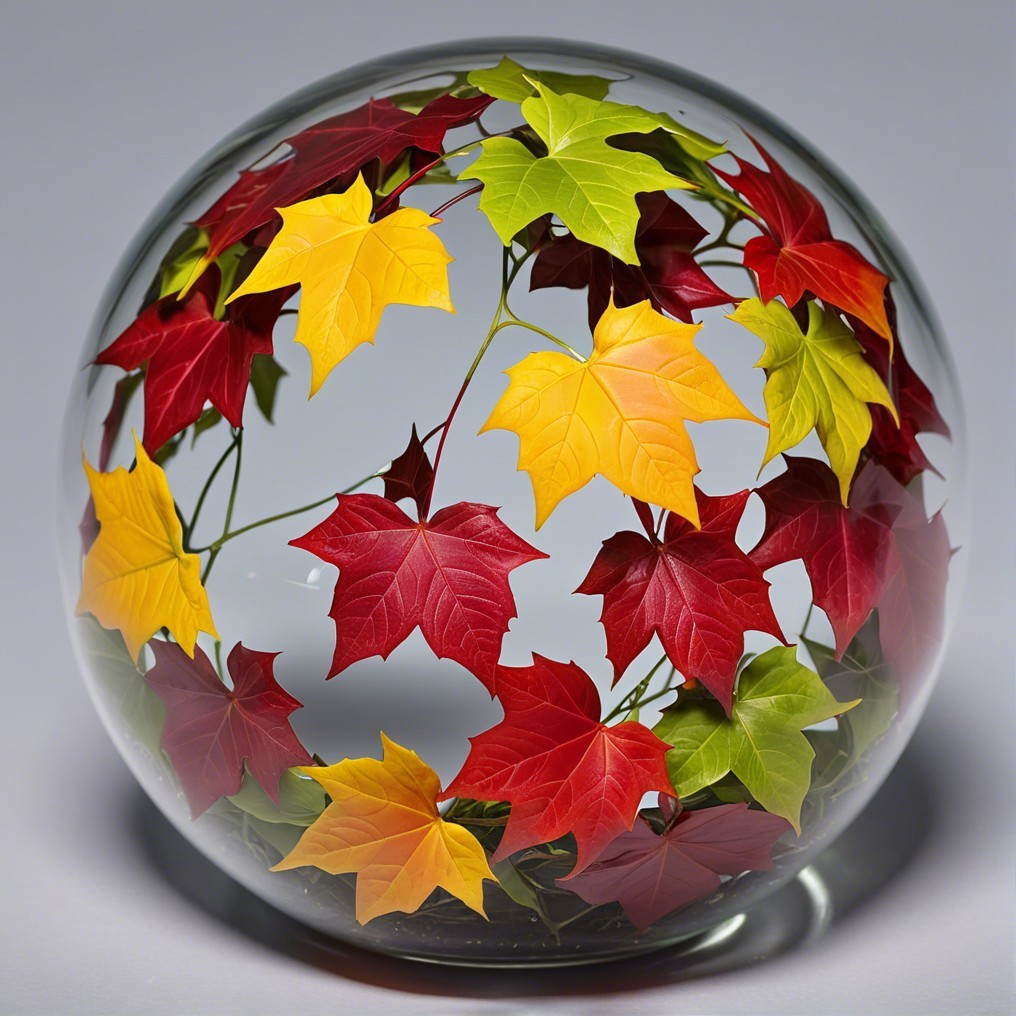 Glass Orb with Colorful Autumn Leaves Display