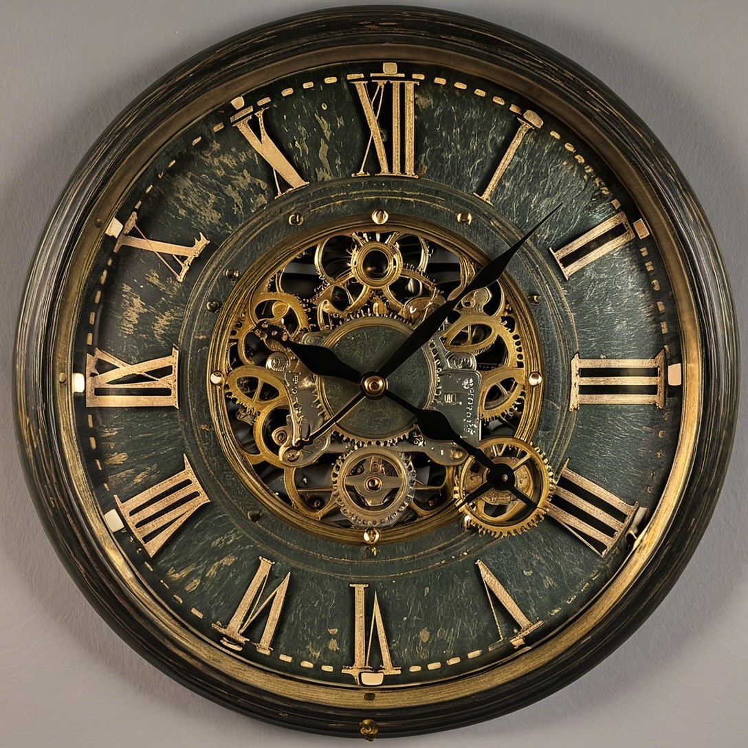 Close-up of a steampunk wall clock with gears and numerals