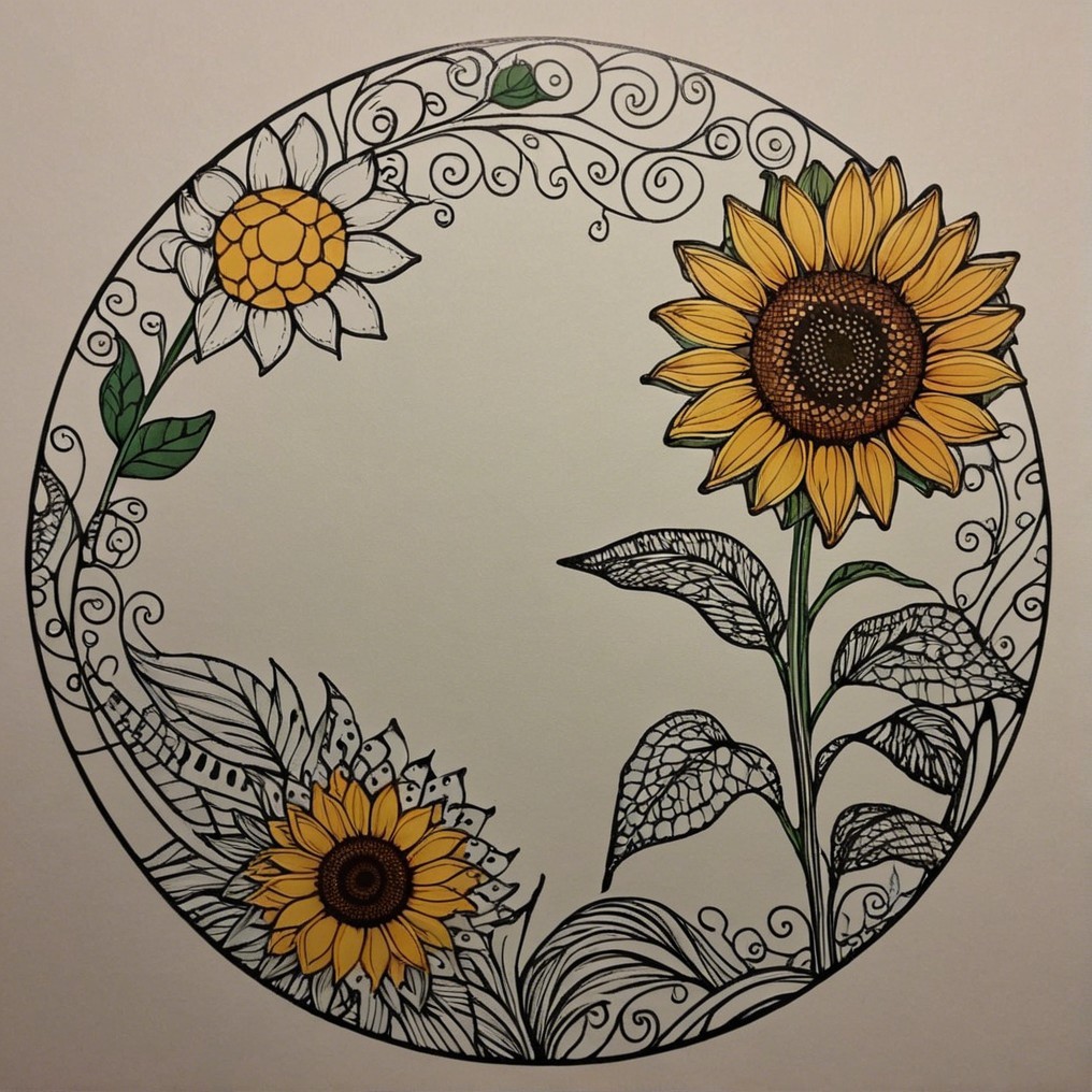 Circular Design with Illustrated Sunflowers and Daisy