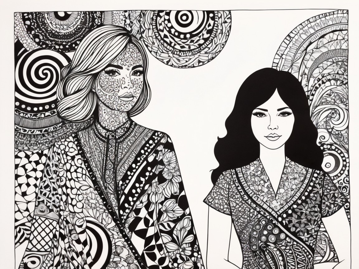 Intricate Black and White Illustration of Two Women