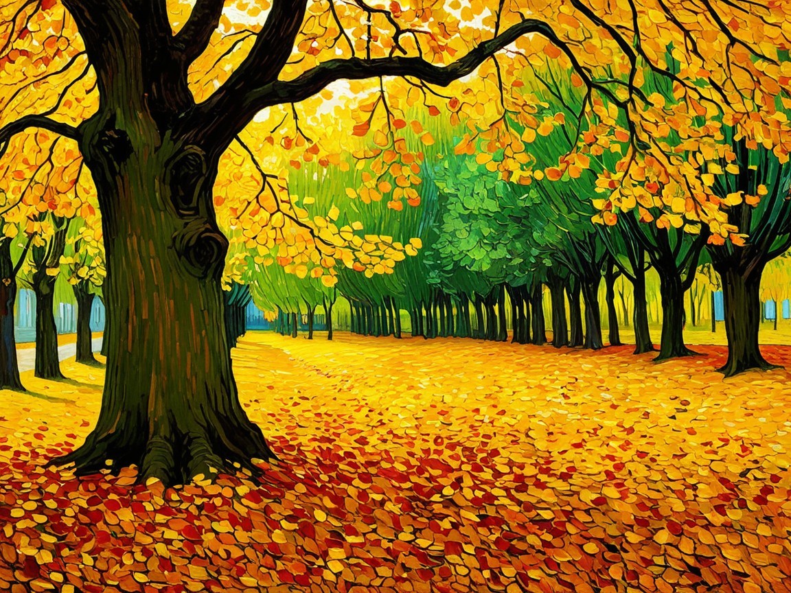 Autumn Pathway with Colorful Leaves and Trees