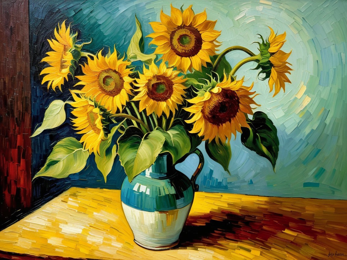 Vibrant Still Life of Sunflowers in Rustic Vase