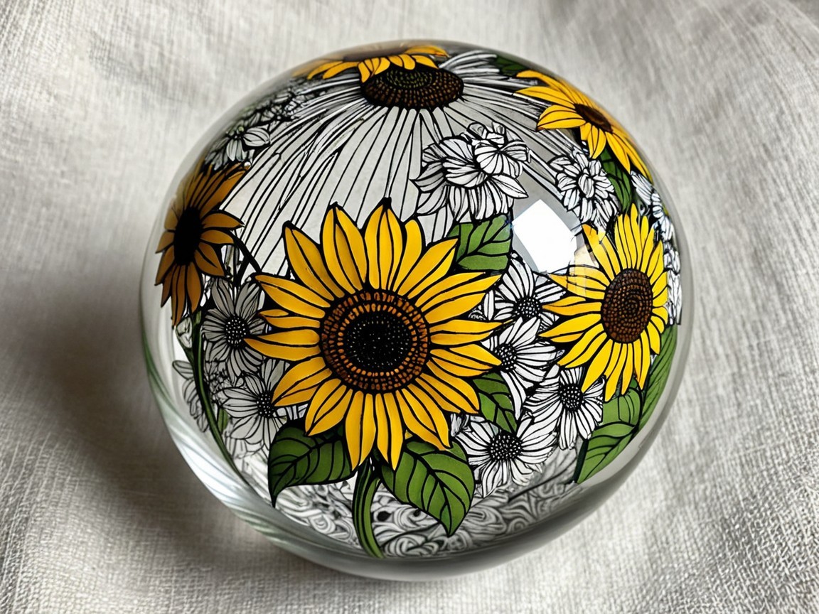 Vibrant Glass Orb with Sunflower and Floral Design