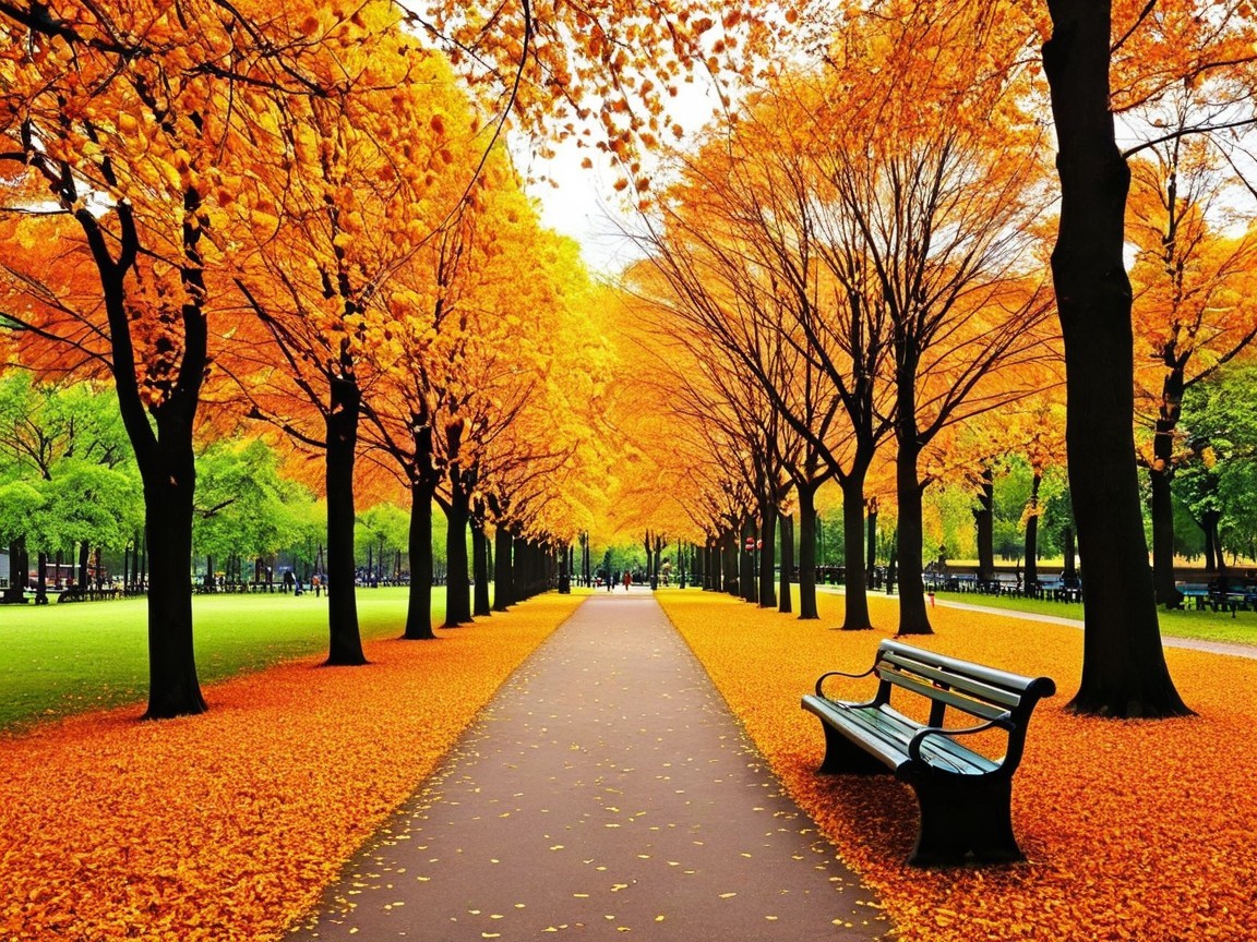 Tranquil Park Scene with Autumn Trees and Leaves