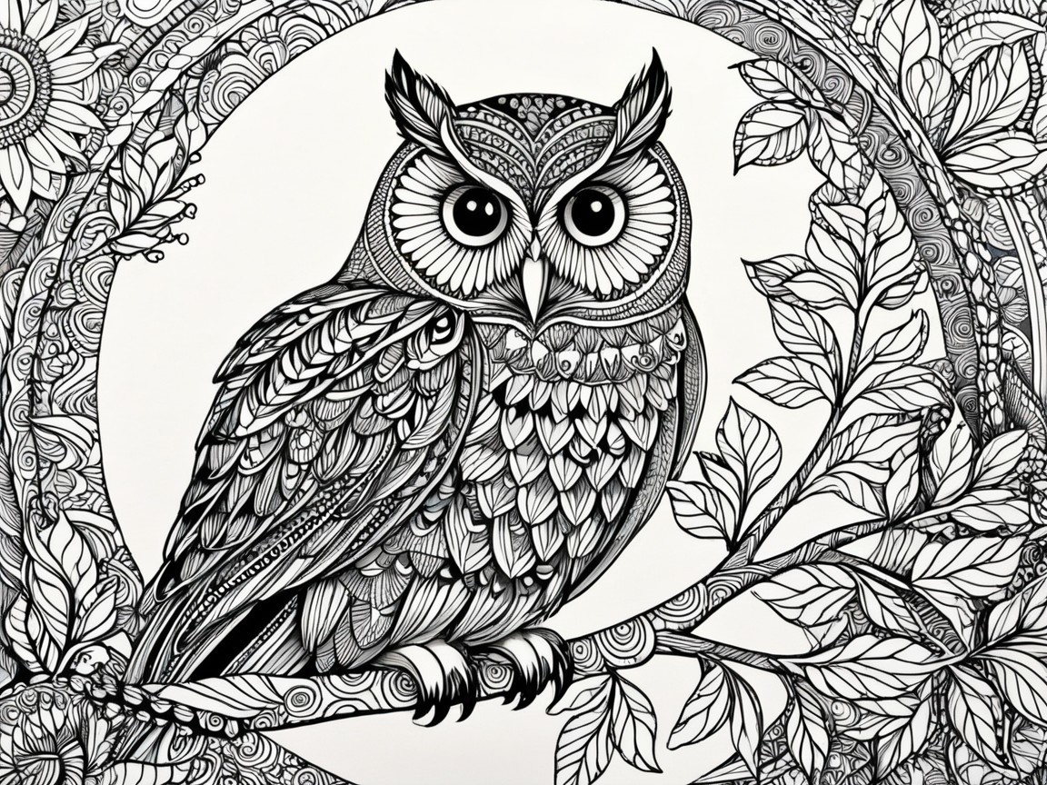 Detailed Black and White Owl Illustration with Nature Elements
