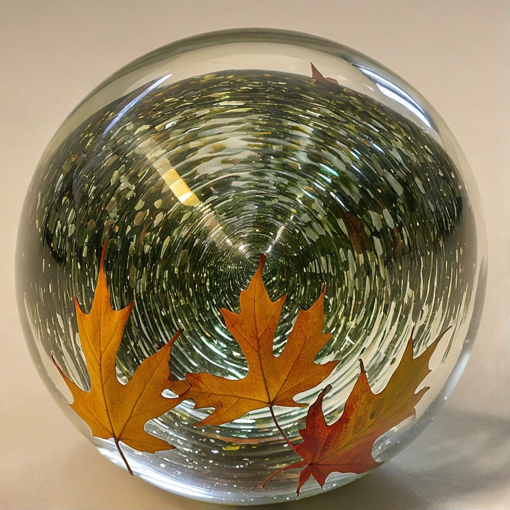 Glass Sphere with Embedded Autumn Leaves and Reflections