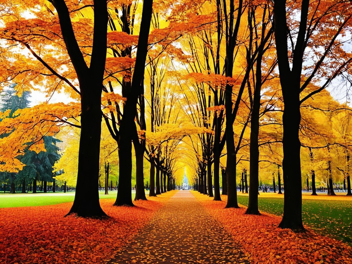 Autumn Pathway with Colorful Canopy and Fallen Leaves