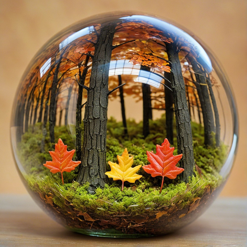 Glass Globe Displaying Autumn Forest Scene with Leaves