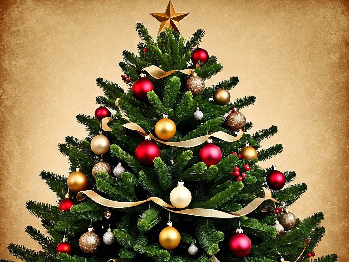 Decorated Christmas Tree with Ornaments and Gold Ribbon