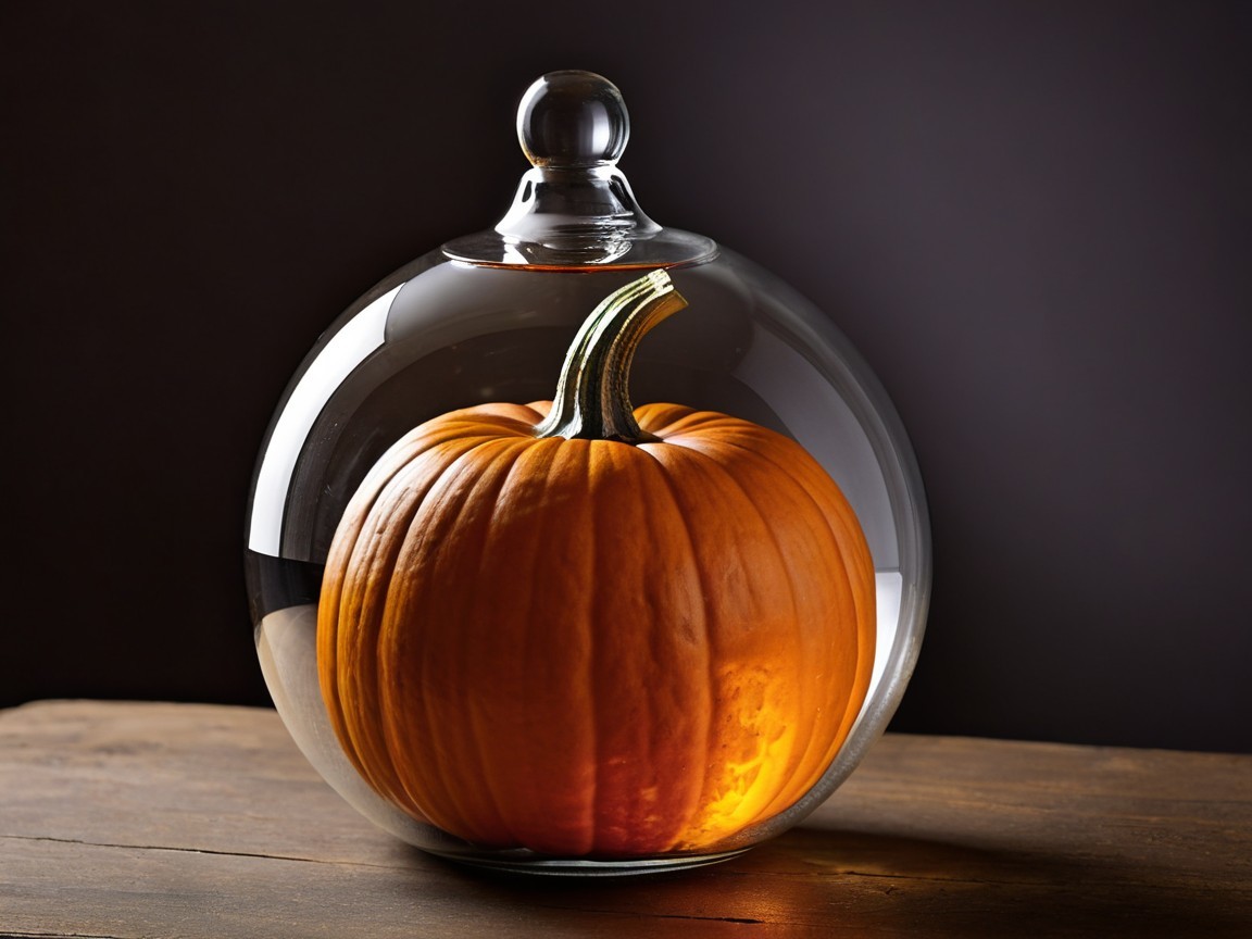 Orange Pumpkin Under Glass Cloche on Wooden Surface