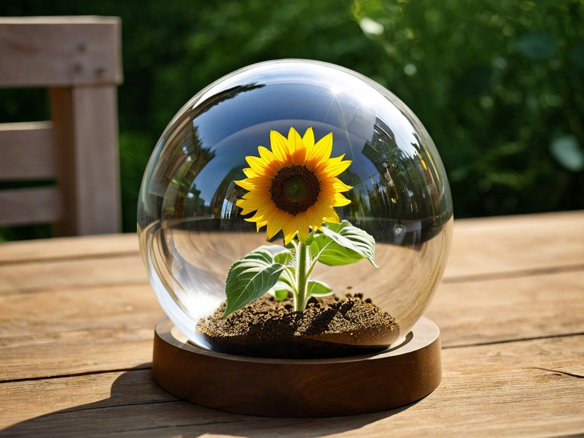 Sunflower in Glass Dome on Wooden Base with Greenery