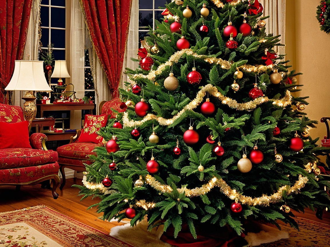 Christmas Tree in Cozy Living Room Decorated Festively