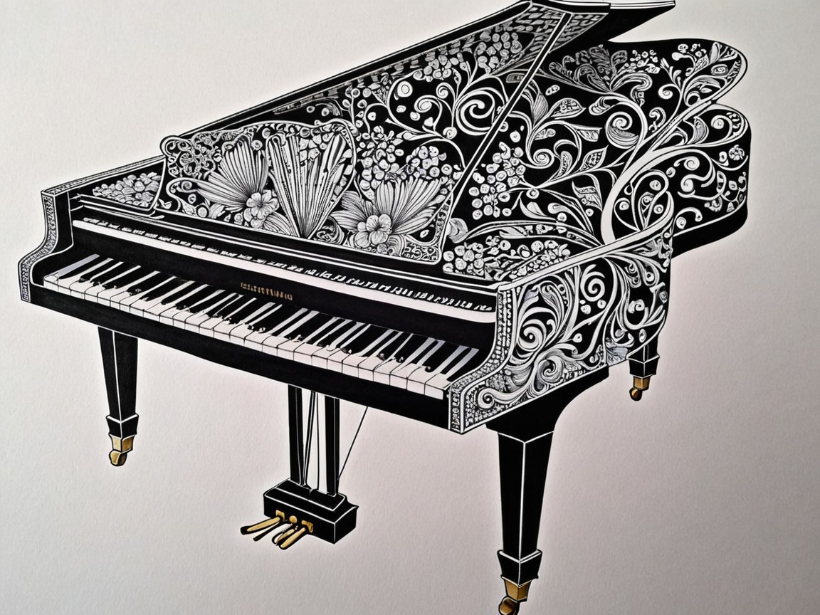 Intricately Designed Grand Piano with Floral Patterns