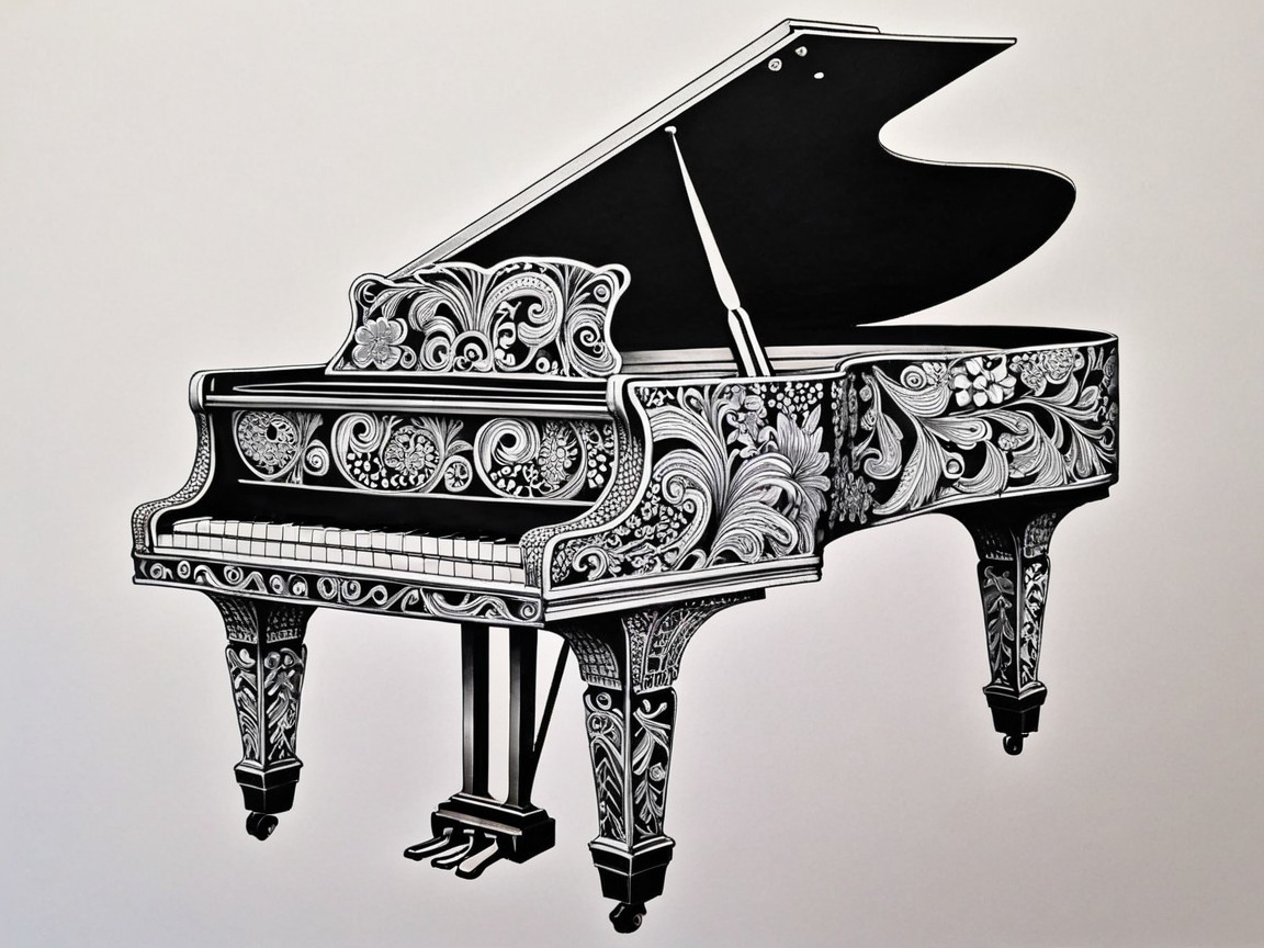 Ornate Grand Piano with Floral and Scroll Patterns