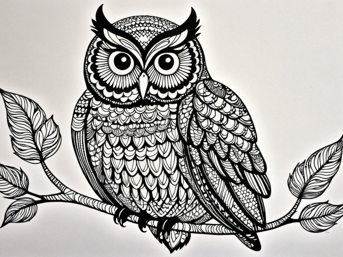 Intricate Black and White Owl Illustration on Branch