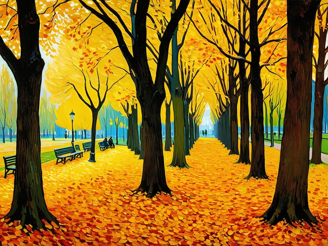 Autumn Park Pathway with Yellow-Leaved Trees