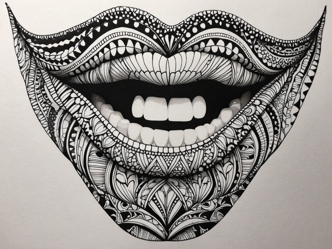 Black and White Illustration of an Ornate Mouth Design