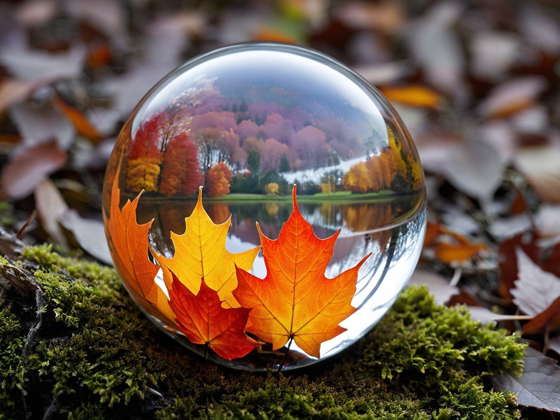 Glass Orb with Autumn Leaves on Mossy Bed