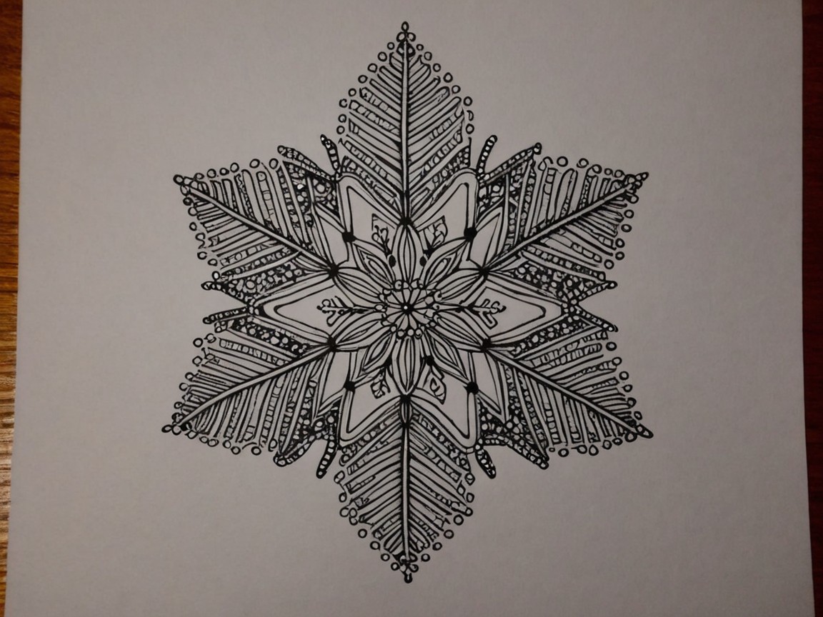 Detailed Black-and-White Illustration of a Snowflake
