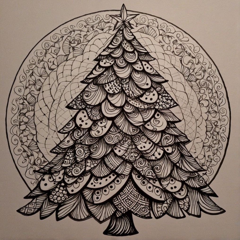 Intricate Black-and-White Christmas Tree Illustration