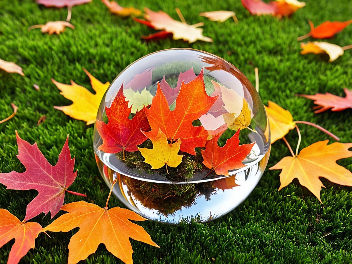 Glass Sphere on Grass with Autumn Leaves Reflection