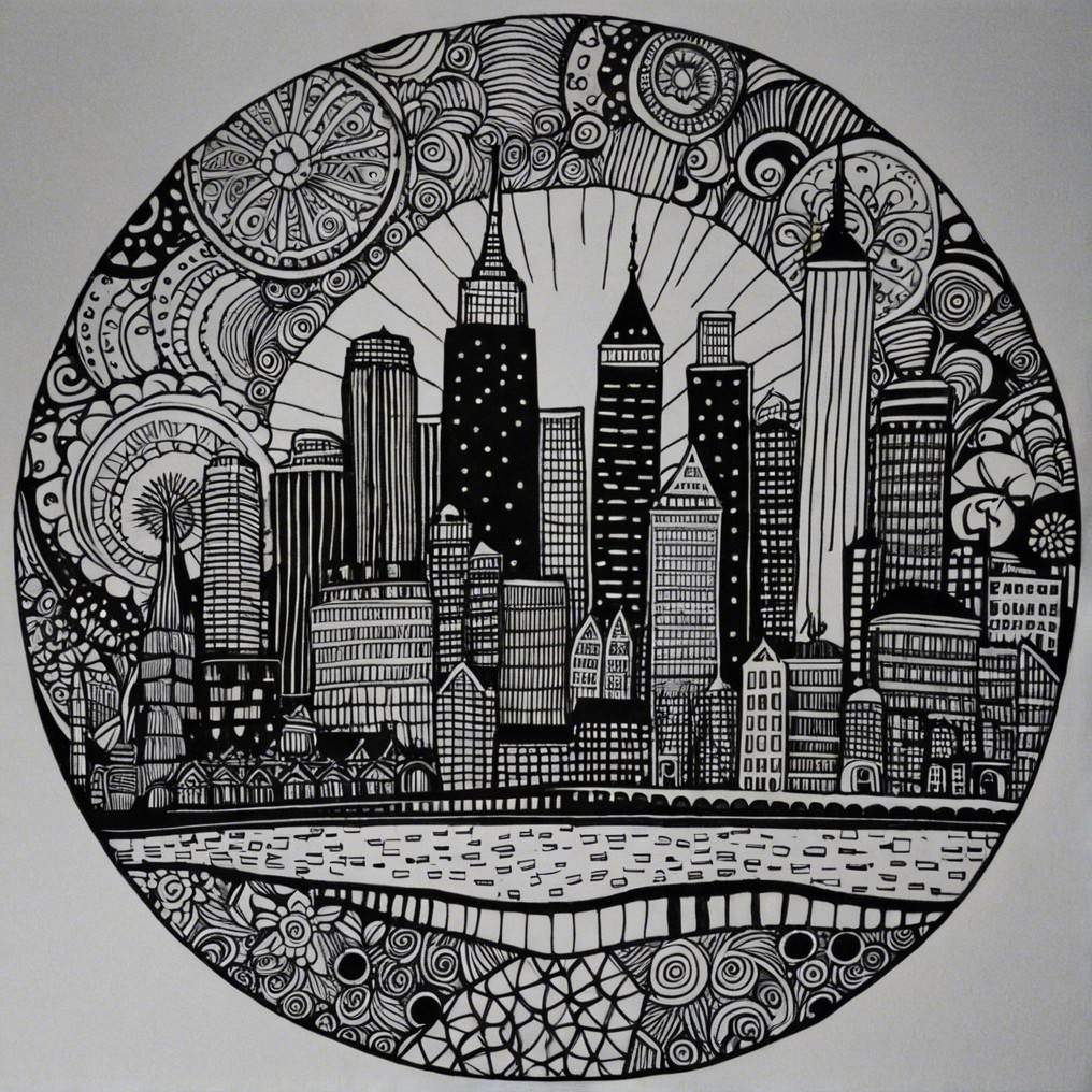 Stylized Black-and-White City Skyline Illustration
