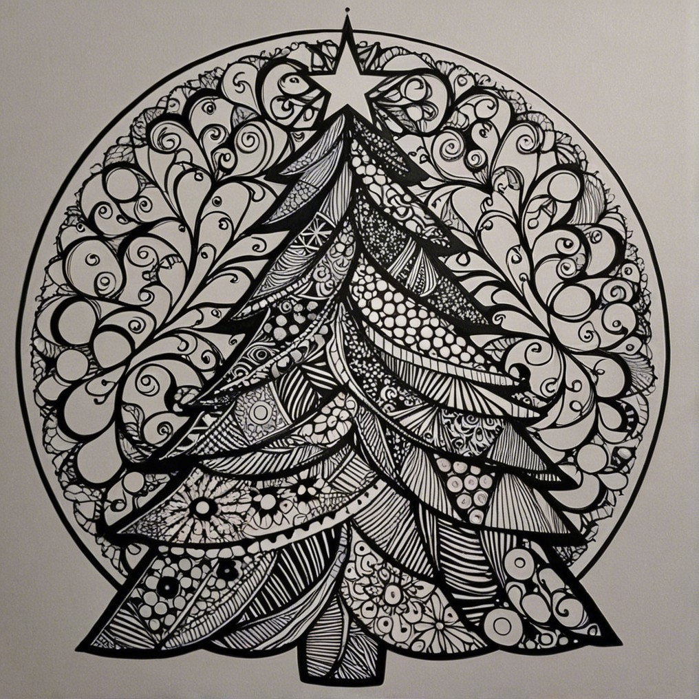 Intricate Black and White Christmas Tree Illustration