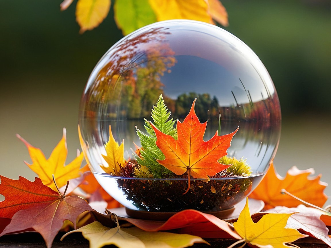 Glass Snow Globe with Autumn Leaves and Moss