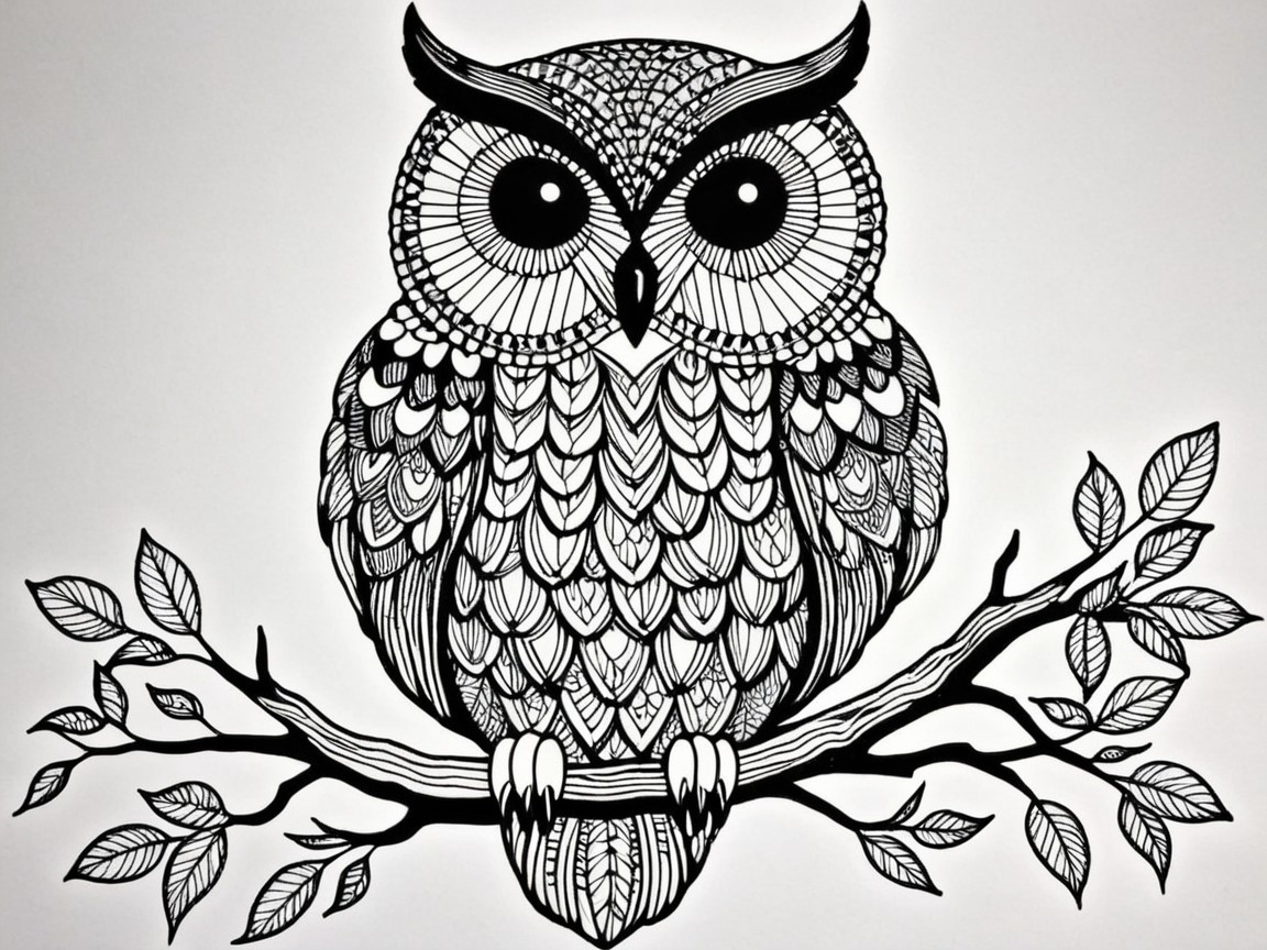 Black and white illustration of an owl on a branch