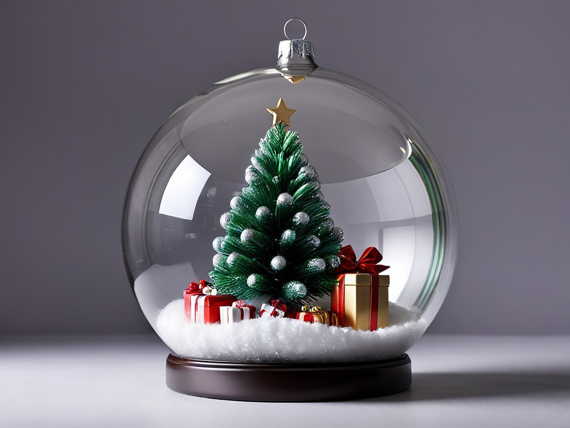 Close-Up of Glass Christmas Ornament with Tree and Gifts