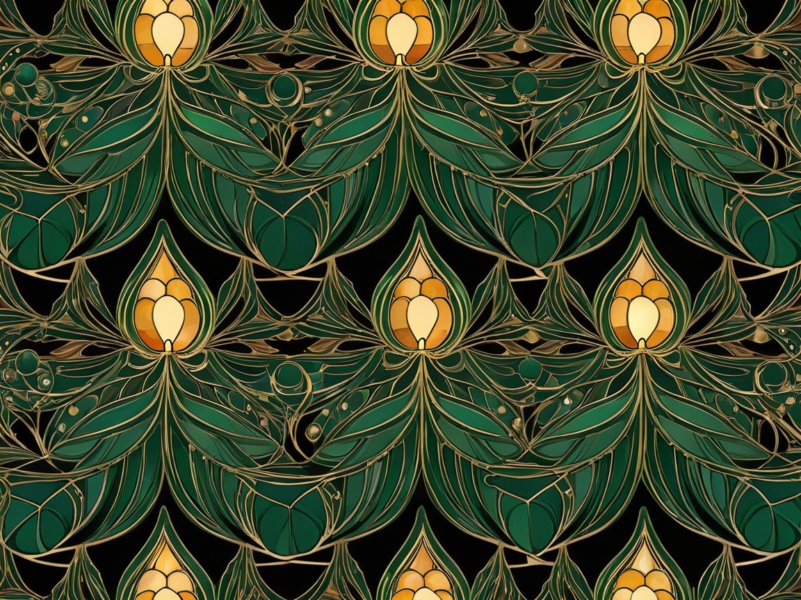 Stylized Leaves and Blossoms in Green and Gold Design