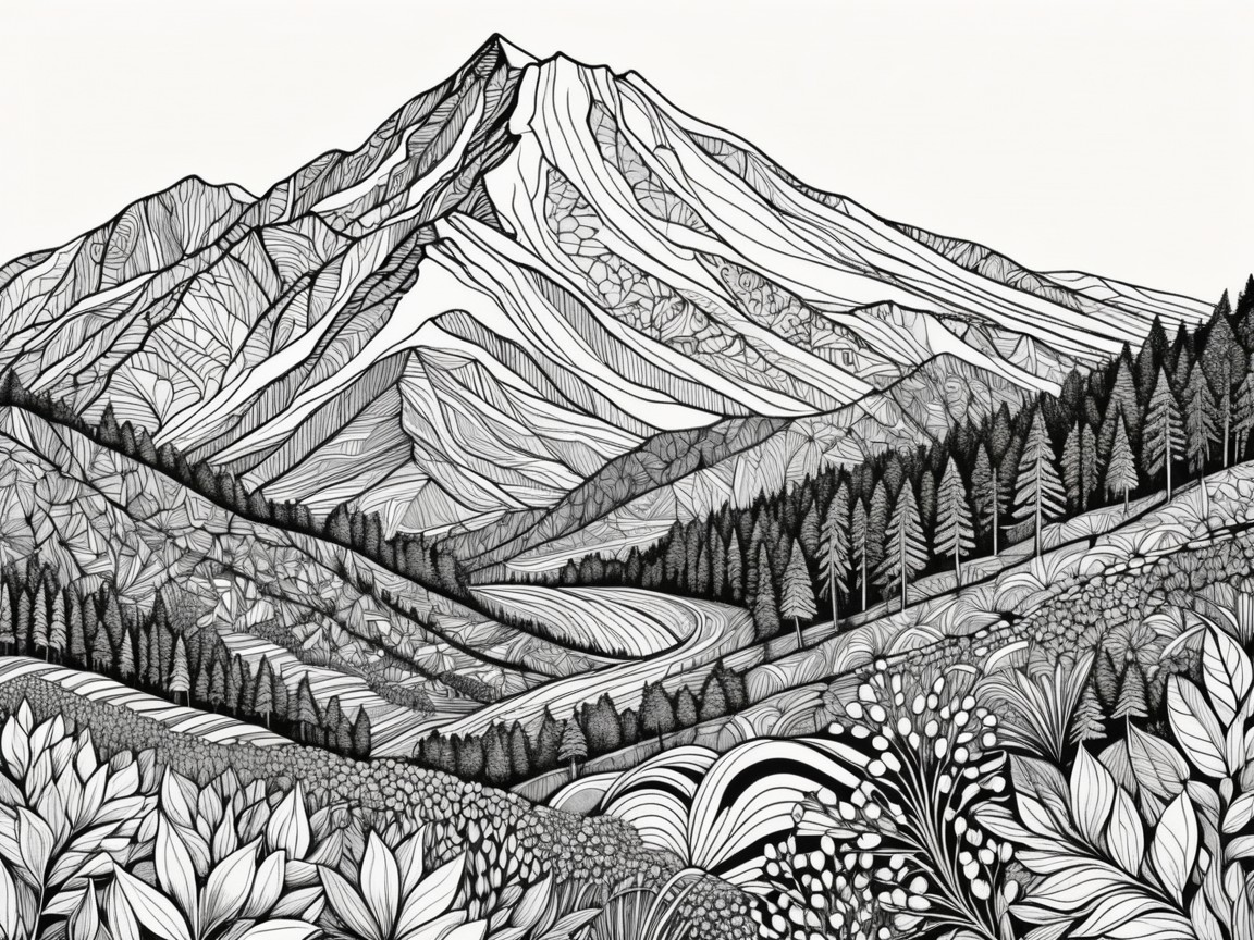 Detailed Black and White Mountain Landscape Illustration