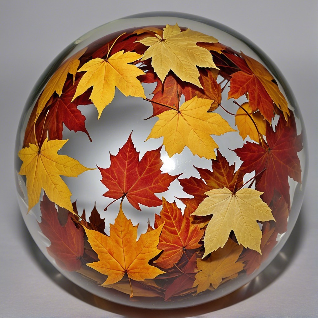 Glass Sphere Displaying Autumn Leaves in Vibrant Colors