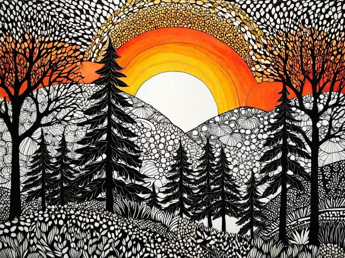 Vibrant Abstract Painting of a Sunset Forest Scene