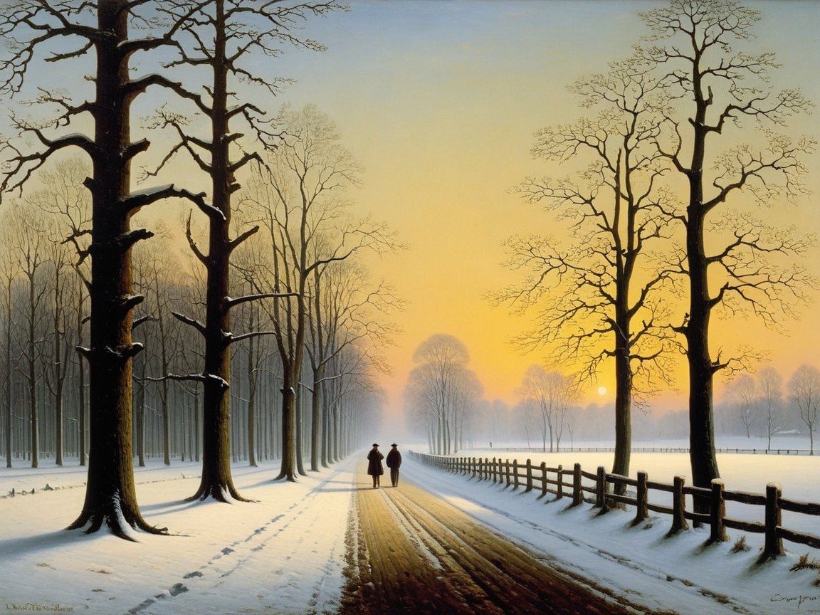 Snowy Road Scene with Figures and Sunset Background